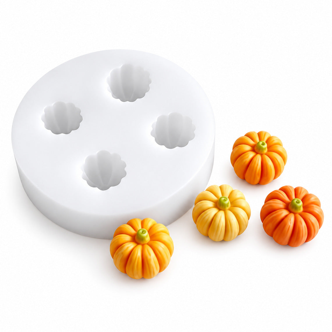 Set of four mini pumpkin silicone molds for DIY baking, creating realistic pumpkin-shaped chocolate, candy, and cake molds…