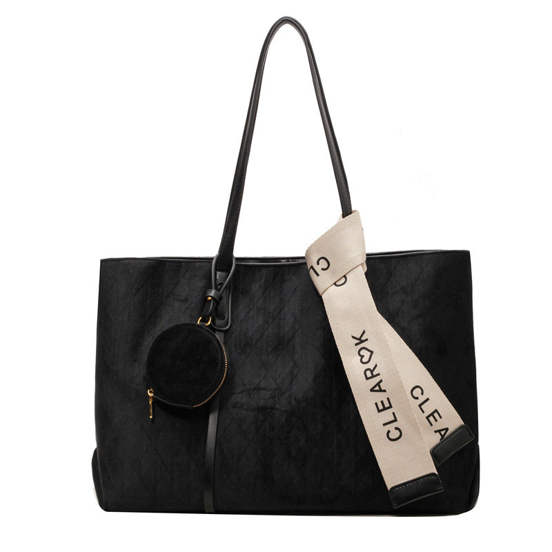 Cross-Border Hot-Selling Women's Large-Capacity 2026 New Matte Retro Suede Shoulder Bag Trendy Fashion Tote Bag - Black