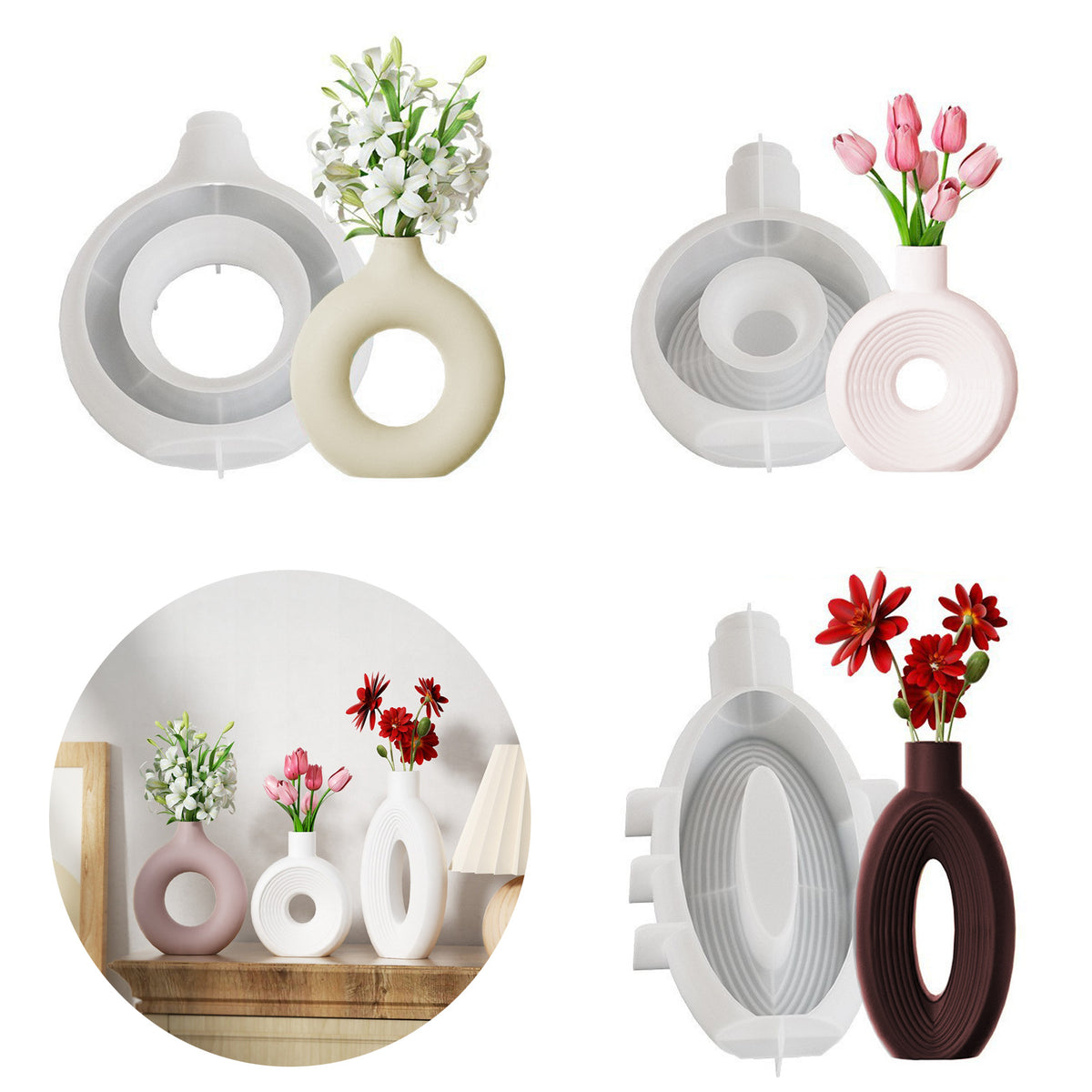 Nordic Ins Circle Hollow Large Vase Silicone Mold Gel Drop Diy Oval Striped Vase Plaster Home Decoration