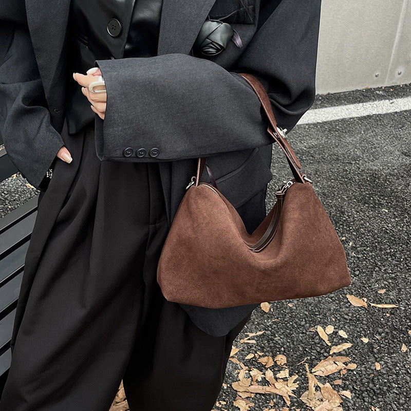 Bag Women's New Niche Suede Underarm Baguette Bag Vintage Frosted Top Layer Cowhide Shoulder Bag Handbag Trendy Bag - image 9
