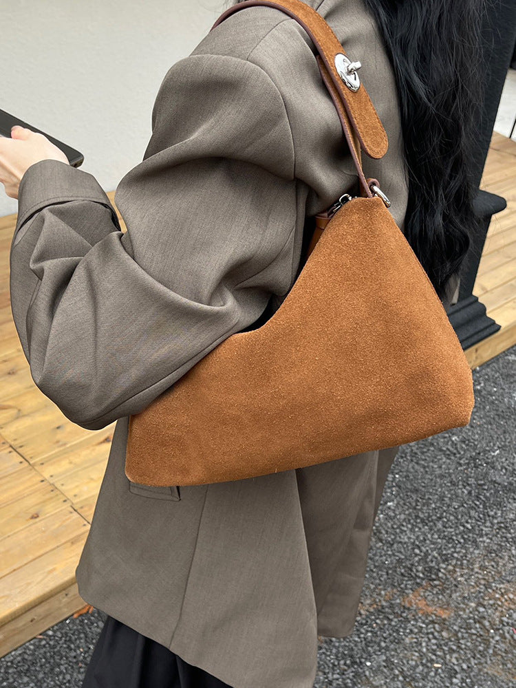Bag Women's New Niche Suede Underarm Baguette Bag Vintage Frosted Top Layer Cowhide Shoulder Bag Handbag Trendy Bag - image 4