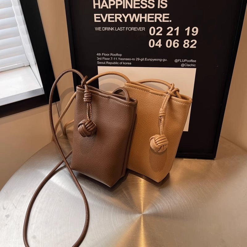 Versatile Literary and Artistic Small Fresh Small Ball Pendant Super Popular Crossbody Mobile Phone Bag Soft Leather Cute…