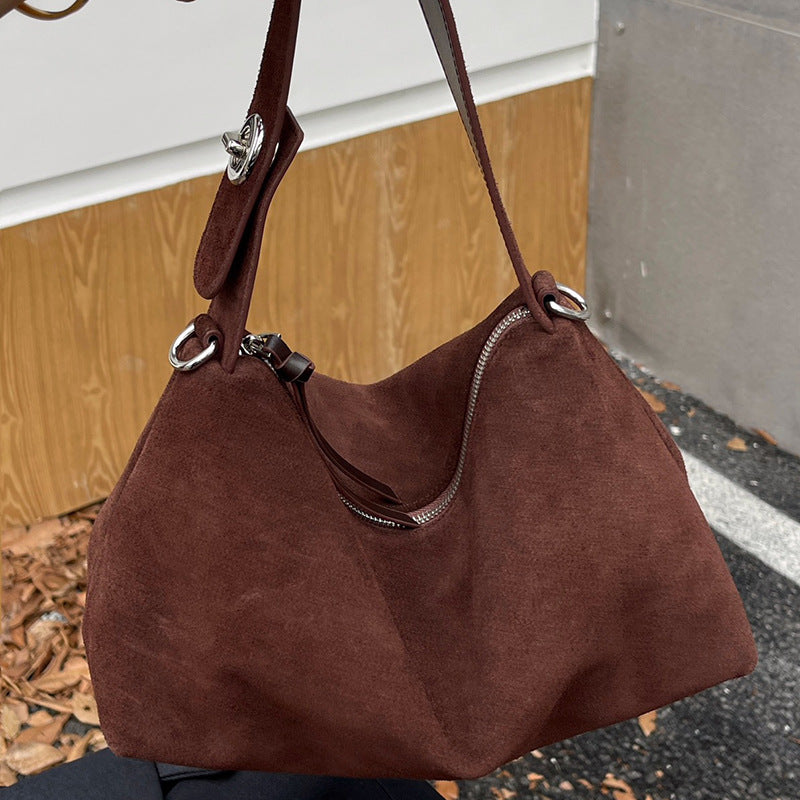 Bag Women's New Niche Suede Underarm Baguette Bag Vintage Frosted Top Layer Cowhide Shoulder Bag Handbag Trendy Bag - Deep…