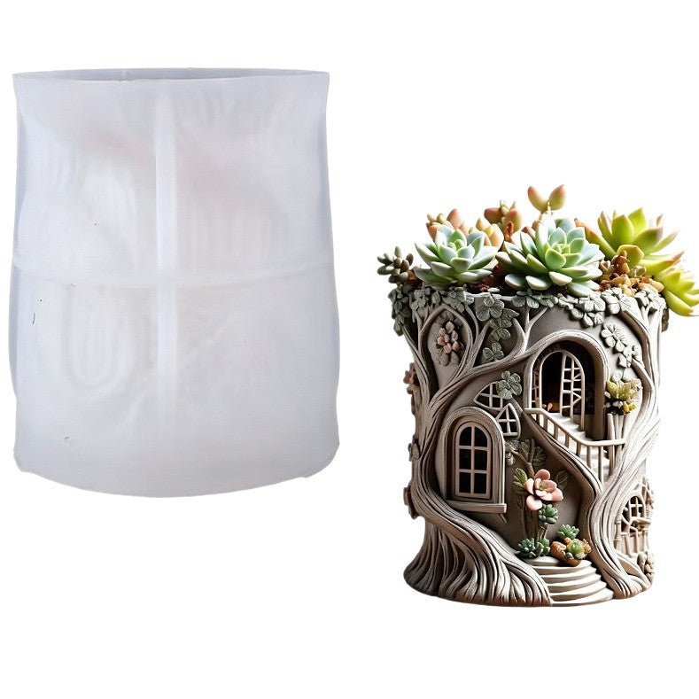Fairy Tale Treehouse Flowerpot Silicone Mold DIY Plaster Resin Succulent Pot Forest Style Tree Stump Creative Desktop…