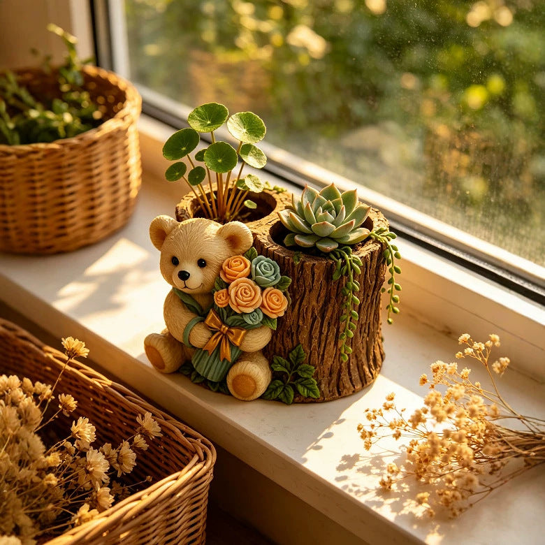 Bear Holding Flower Tree Stump Double Hole Flower Pot Silicone Mold DIY Plaster Resin Succulent Money Grass Pot Desktop…