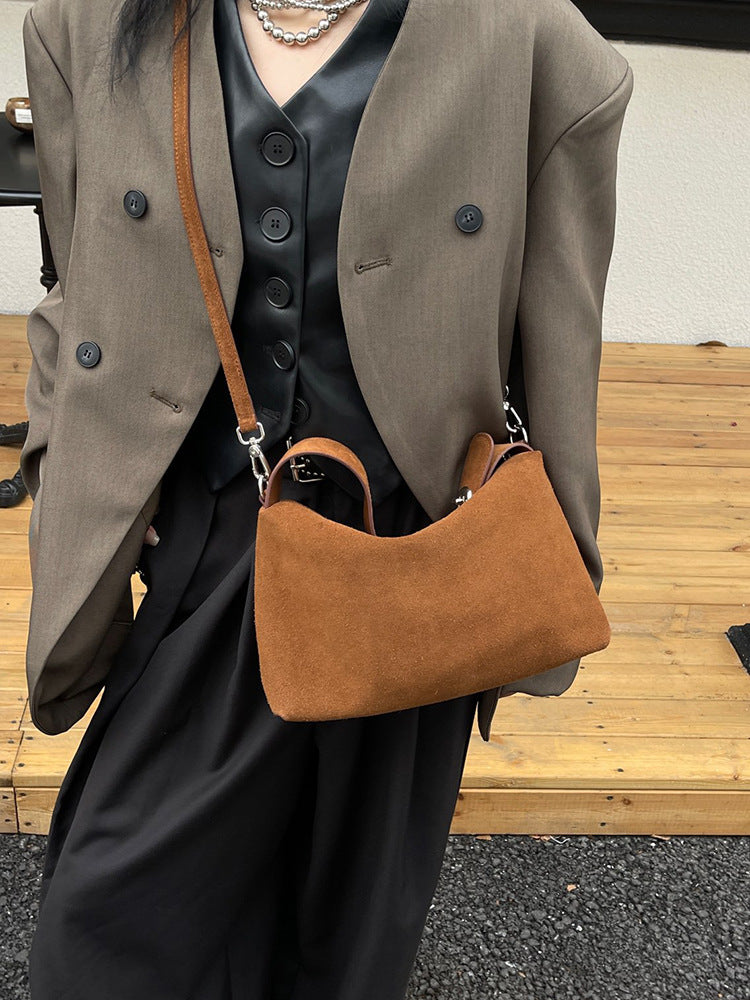 Bag Women's New Niche Suede Underarm Baguette Bag Vintage Frosted Top Layer Cowhide Shoulder Bag Handbag Trendy Bag - image 5