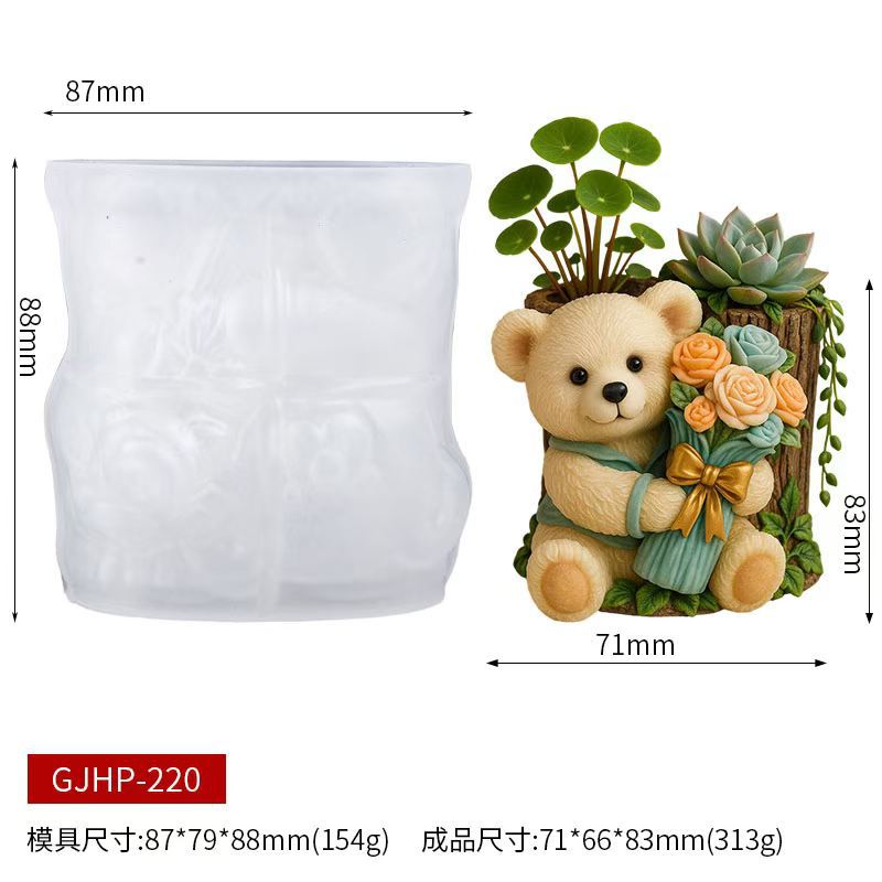 Bear Holding Flower Tree Stump Double Hole Flower Pot Silicone Mold DIY Plaster Resin Succulent Money Grass Pot Desktop…