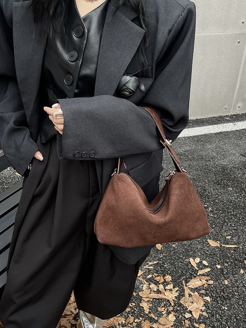 Bag Women's New Niche Suede Underarm Baguette Bag Vintage Frosted Top Layer Cowhide Shoulder Bag Handbag Trendy Bag