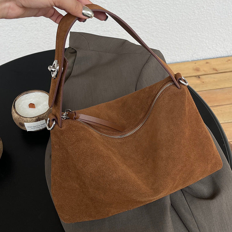 Bag Women's New Niche Suede Underarm Baguette Bag Vintage Frosted Top Layer Cowhide Shoulder Bag Handbag Trendy Bag - image…