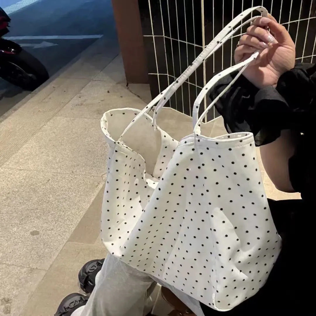 Popular Large-Capacity New Polka-Dot Canvas Bag Korean Style Girl Student Tote Bag Versatile Commuter Shoulder Bag - image 3