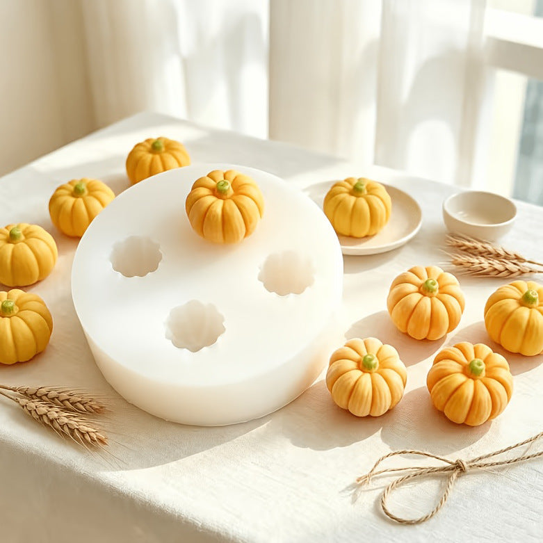 Set of four mini pumpkin silicone molds for DIY baking, creating realistic pumpkin-shaped chocolate, candy, and cake molds…