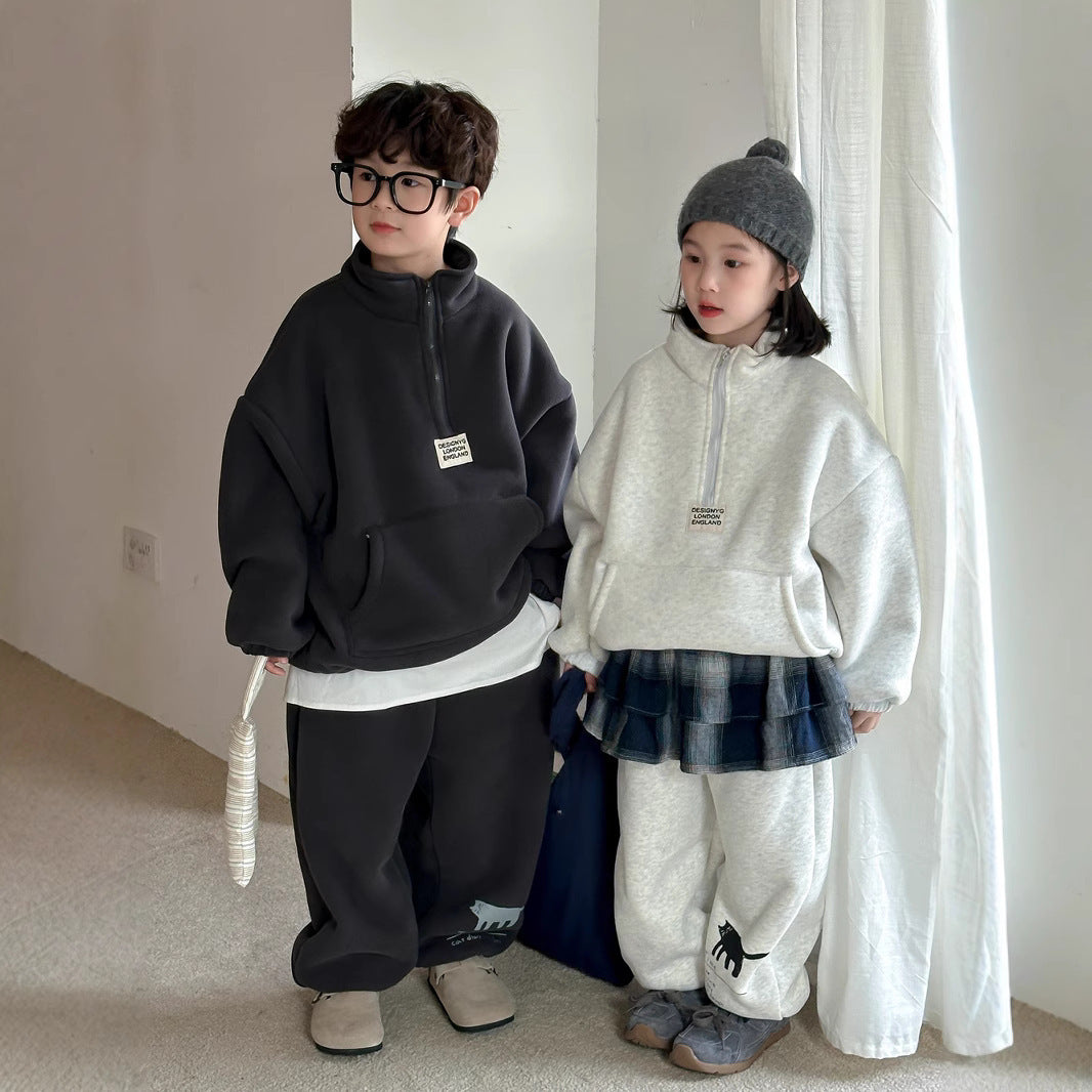 Winter Clothes For Boys And Girls Korean-style Labeling Half Zipper Two-piece Set