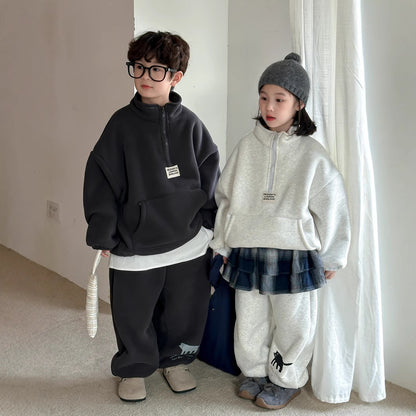 Winter Clothes For Boys And Girls Korean-style Labeling Half Zipper Two-piece Set