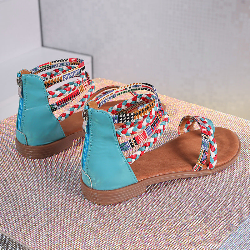 Ethnic Style Colorful Stitching Large Size Flat Bottom Sandals (Available)