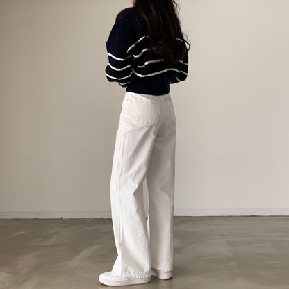 Lapel Half Long-sleeve Zipper Striped Knitted Sweater