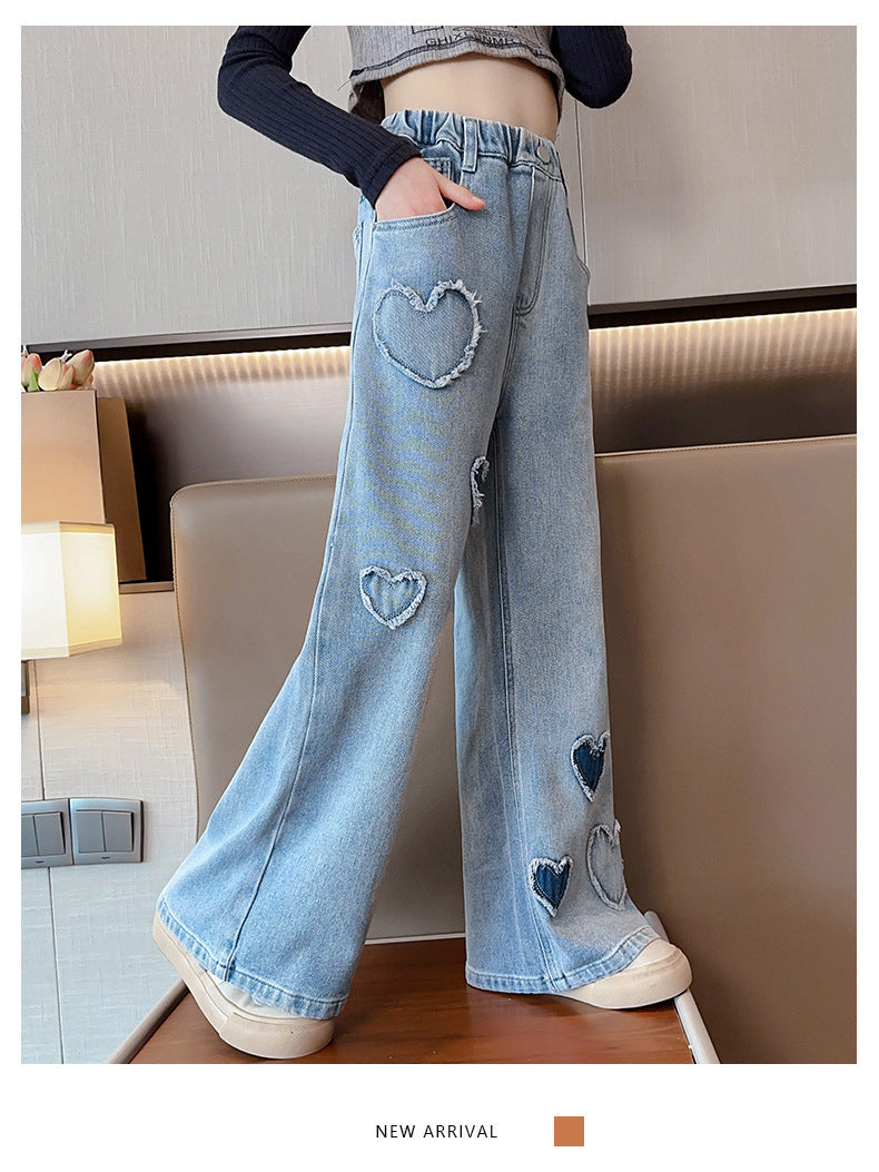Girls' Love Raw Edge Denim Wide-leg Pants (Available)