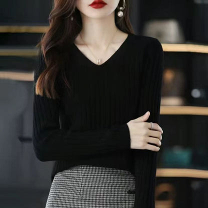 Slim V-neck Pullover Long Sleeve Knitted Sweater