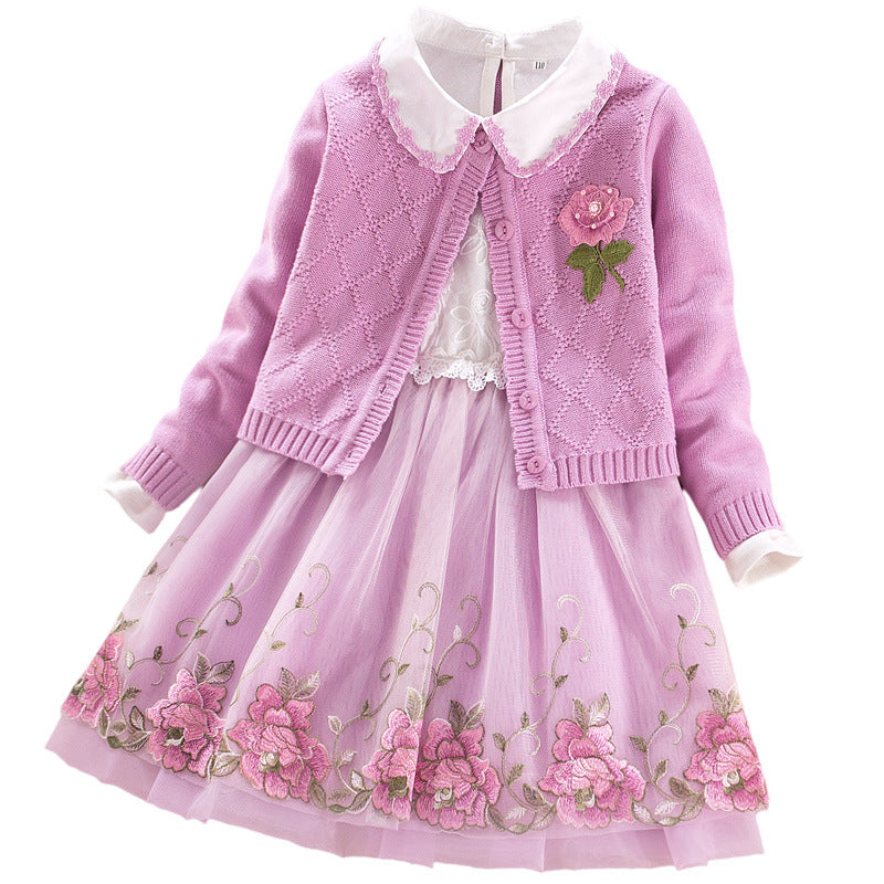 Girls' Dress Two-piece Spring Long-sleeved Sweater Princess Dress