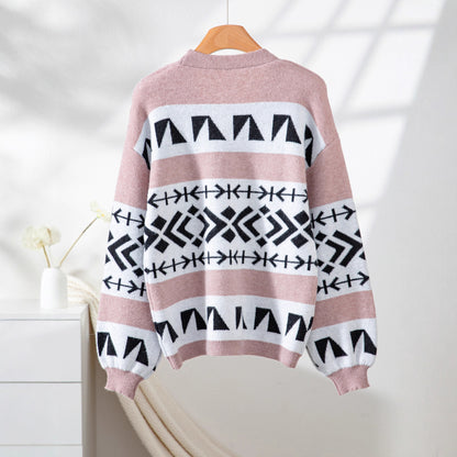 Loose And Lazy Style Jacquard Contrast Color Outerwear Knitted Cardigan Sweater