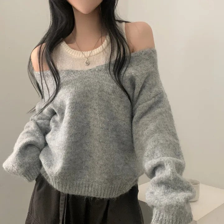 Bandage Dress Knitted Vest Soft Glutinous Loose-fitting Long Sleeve Sweater Two-piece Set