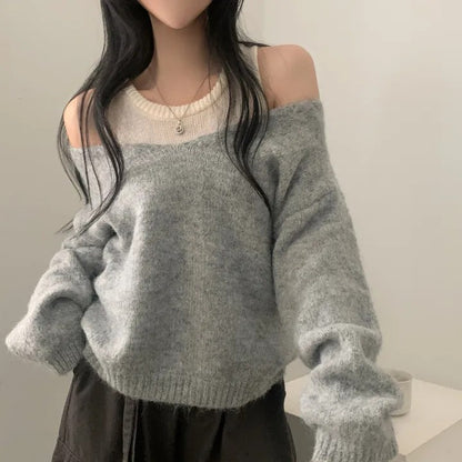 Bandage Dress Knitted Vest Soft Glutinous Loose-fitting Long Sleeve Sweater Two-piece Set