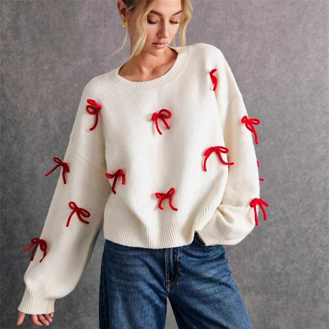 Red Bow Decoration Loose Crew Neck Pullover Sweater Women