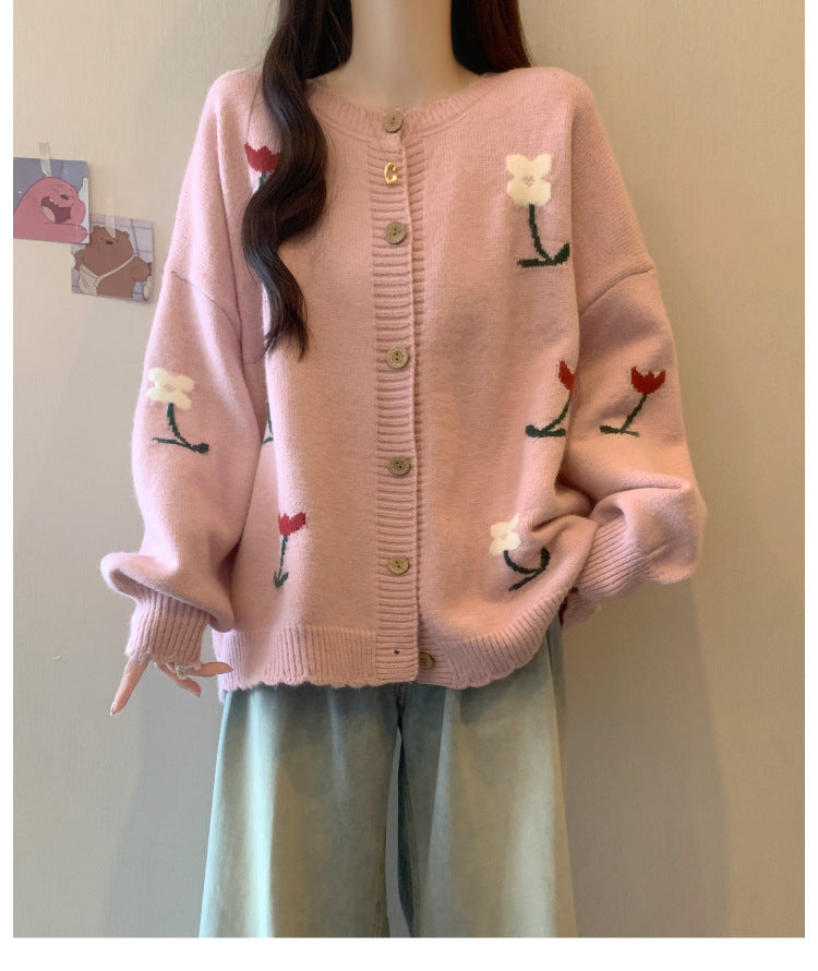 Idle Style Loose Youthful-looking Embroidered Flower Knitted Cardigan Sweater