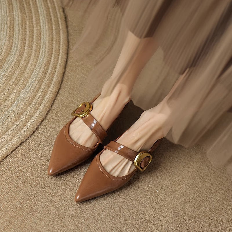 French Style Pointed Toe Shallow Mouth Low Heel Buckle Leather Shoes