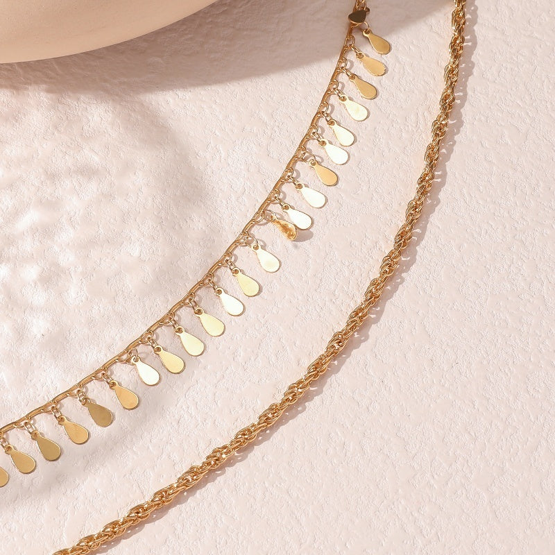 Multi-layer Braided Chain Disc Droplet-shaped Tassel Necklace