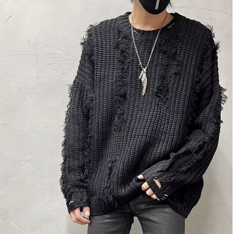 Niche Retro Tassel Ripped Design Loose Lazy Knit Sweater