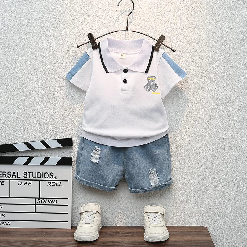 Children Summer Fashion Baby Boys Clothes Cartoon Bear T-shirt Denim Shorts 2pcs/sets Kids Outfits Costume Casual Sports Suit (Available)