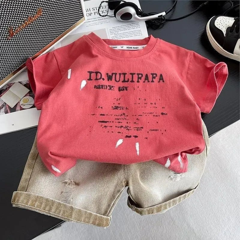 Children's Clothes Summer Thin Loose Casual Kids Tracksuit Popular Design Baby Boy Short Sleeve Suit T-shirt Shorts (Available)