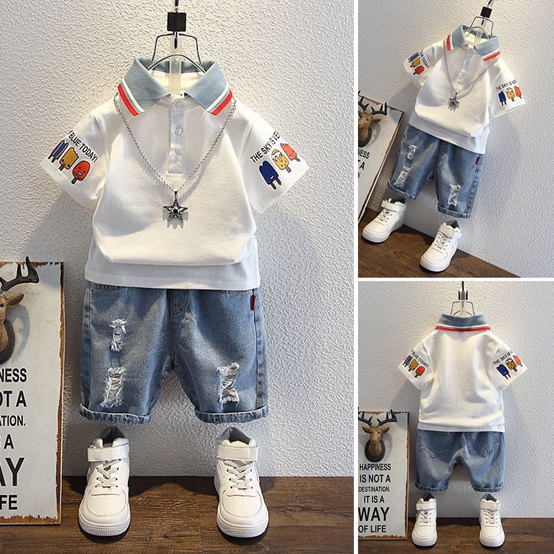 Children's Summer Clothes Short-Sleeved Jeans Two-Piece Trendy Set (Available) - Mom & Kids