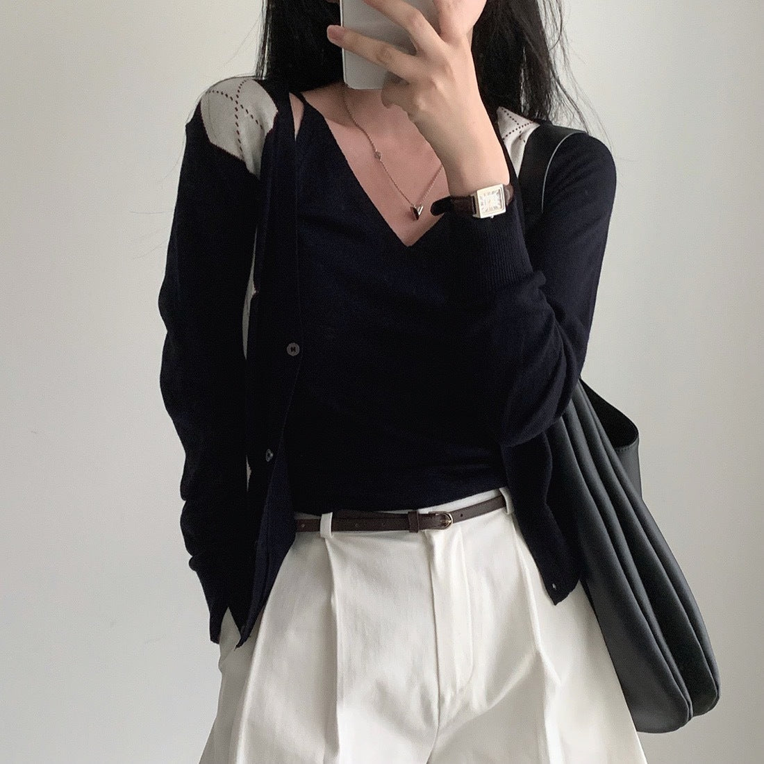 Retro Diamond V-neck Long-sleeve Knitwear Vest Suit