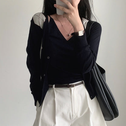 Retro Diamond V-neck Long-sleeve Knitwear Vest Suit