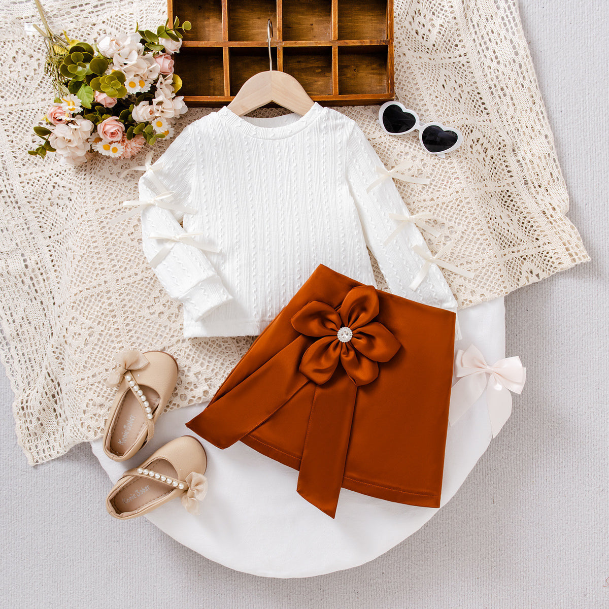 Flower Twist Stripe Long Sleeve Skirt Two-piece Set
