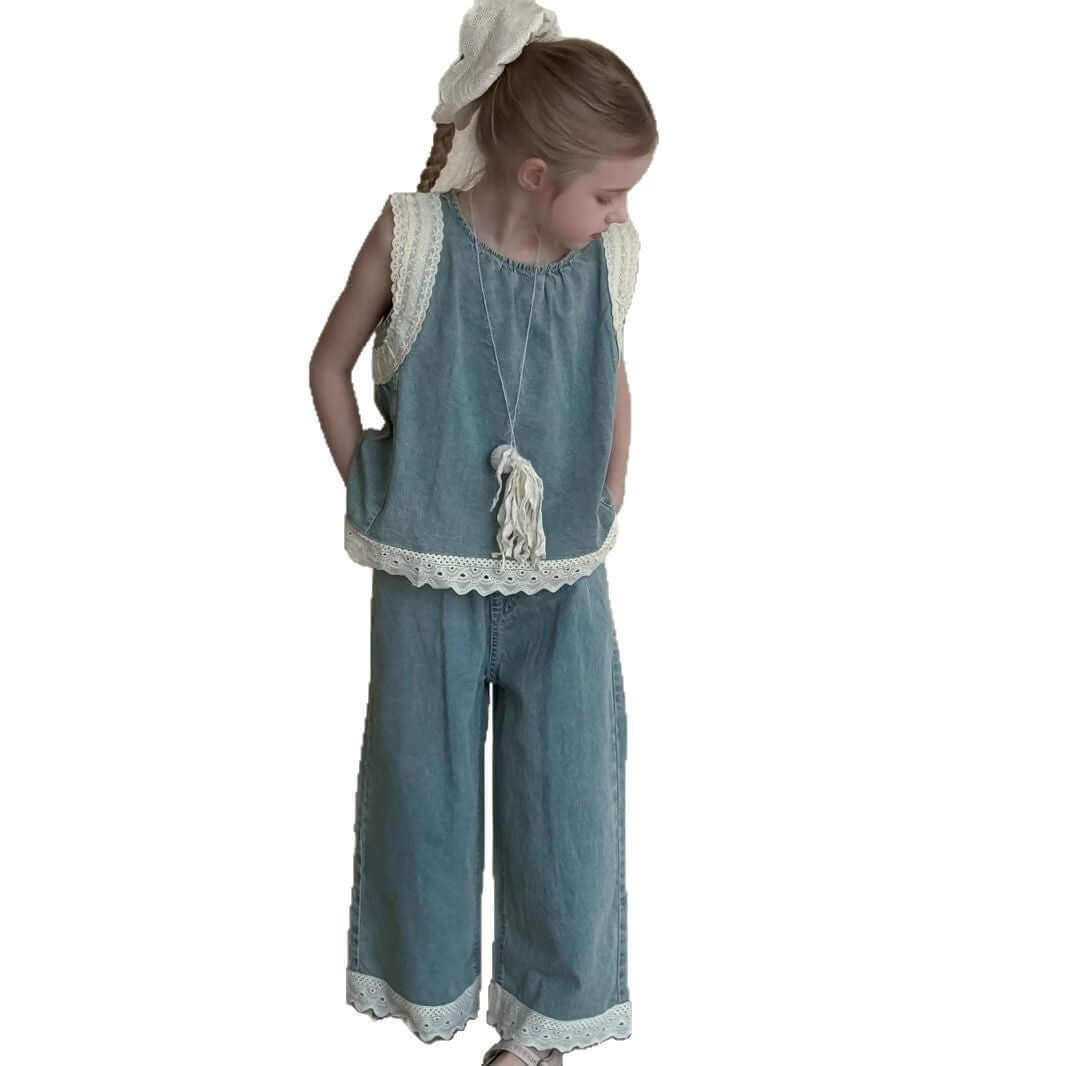 Girls Denim Vest Set Bangladesh Lace Trim - Small China Town