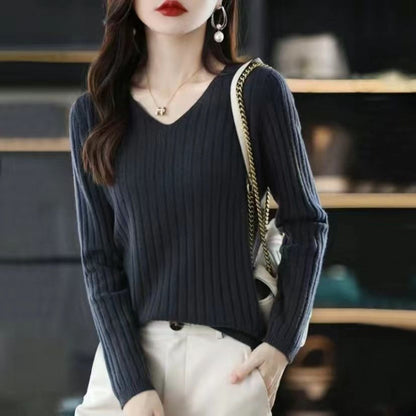 Slim V-neck Pullover Long Sleeve Knitted Sweater