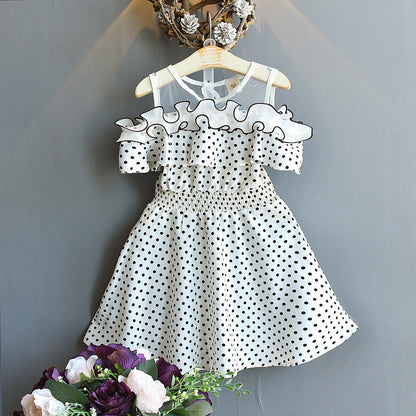 Round Neck Off-the-shoulder Polka-dot Fungus-trimmed Midi Dress