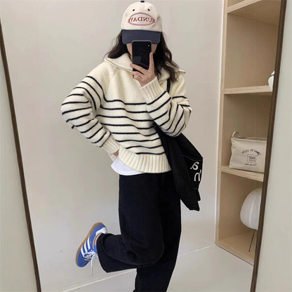 Half-zip Stand Collar Women's Korean-style Niche Striped Loose Sweater