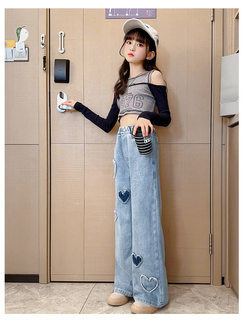 Girls' Love Raw Edge Denim Wide-leg Pants (Available)