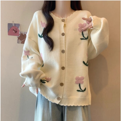 Idle Style Loose Youthful-looking Embroidered Flower Knitted Cardigan Sweater