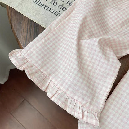 Sweet Plaid Flared Wide Leg Pants Ruffled Two-piece Set (Available))