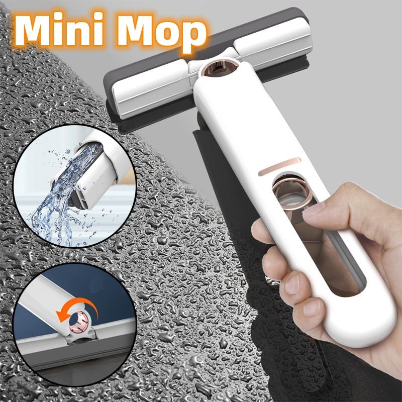 Mini Sponge Squeeze Mop with self-squeeze handle and absorbent sponge for cleaning kitchen, bathroom, glass, desk, and car surfaces