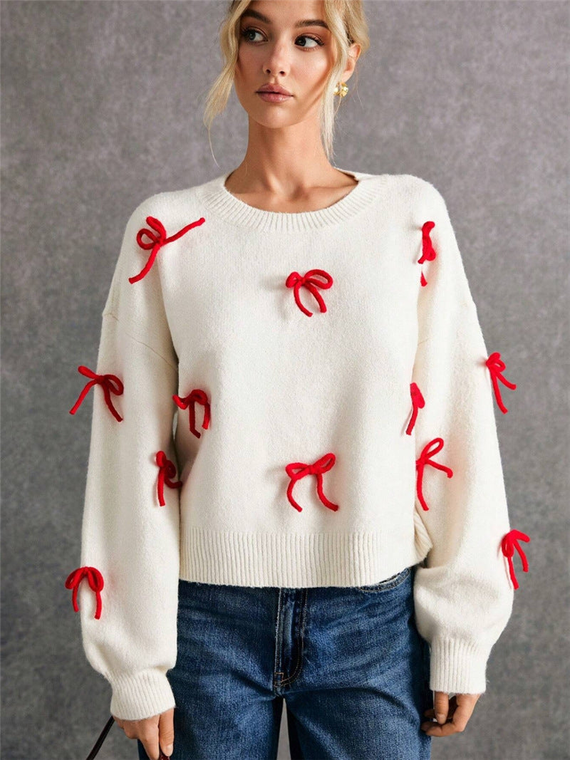 Red Bow Decoration Loose Crew Neck Pullover Sweater Women