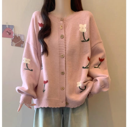 Idle Style Loose Youthful-looking Embroidered Flower Knitted Cardigan Sweater