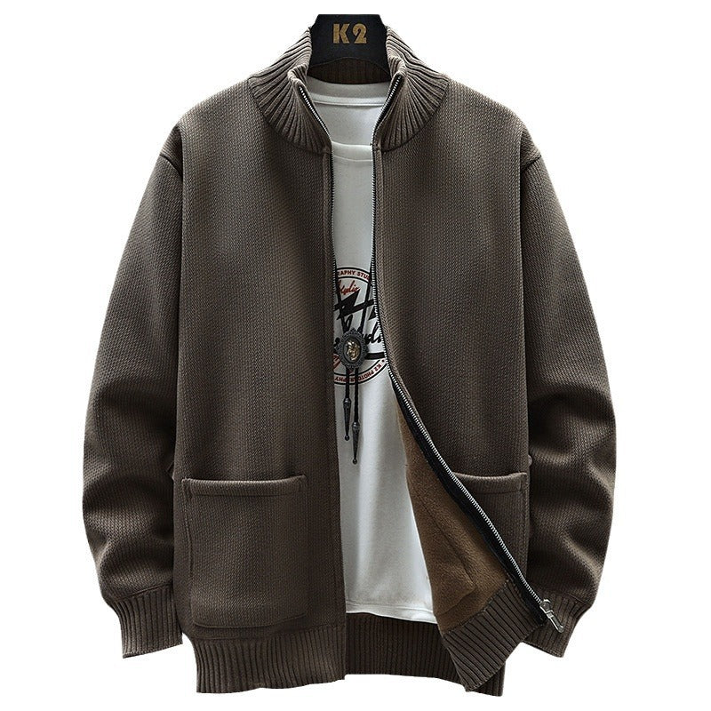 Autumn And Winter Leisure Fleece-lined Men's Cardigan Long Sleeve Youth Popularity Stand Collar Sweater