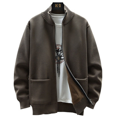 Autumn And Winter Leisure Fleece-lined Men's Cardigan Long Sleeve Youth Popularity Stand Collar Sweater