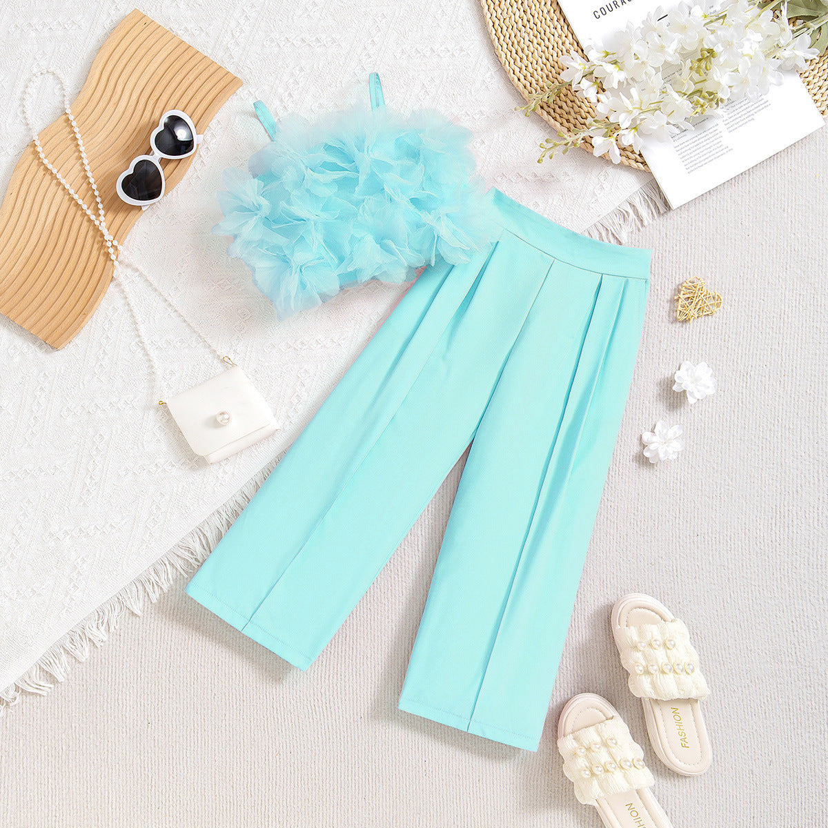 Mesh Three-dimensional Flower Sling Top Slim Fit Suit Pants Suit  (Available)