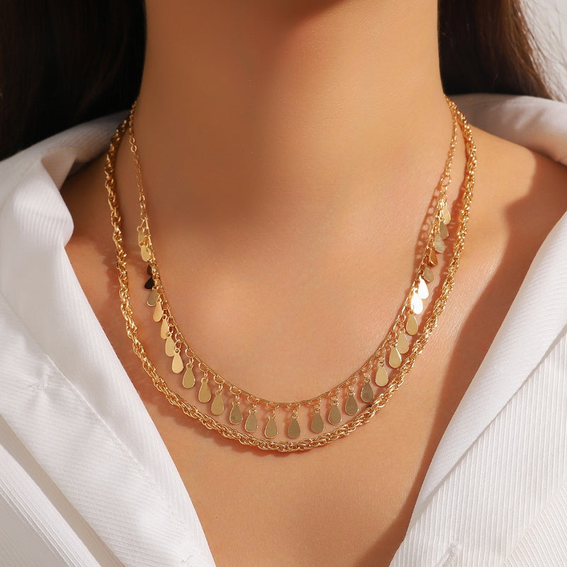 Multi-layer Braided Chain Disc Droplet-shaped Tassel Necklace
